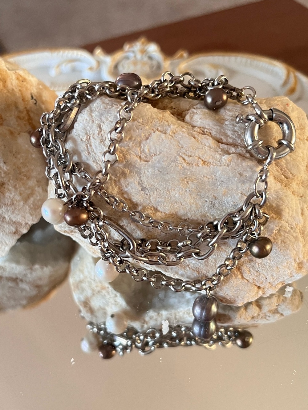 Multi-Strand Pearl Chain Bracelet with White and Brown Pearls